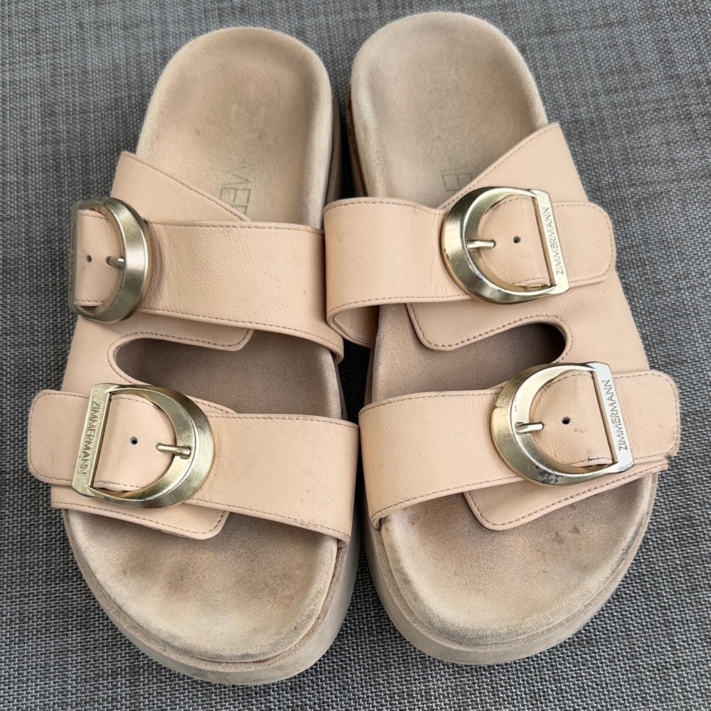 Zimmermann sand Leather Double-Buckle Slide Sandals with Gold Buckles EU38